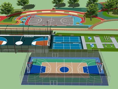 現(xiàn)代 運(yùn)動(dòng)場(chǎng)地 消防登高面 戶外健身跑道標(biāo)識(shí)標(biāo)志 娛樂(lè)運(yùn)動(dòng)場(chǎng) 綠道劃線 公園鋪裝SU模型
